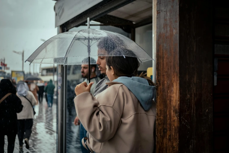 the woman has an umbrella on the rainy street