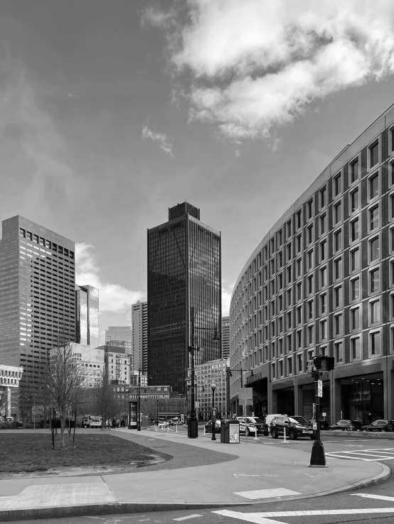 a black and white po of a city with buildings