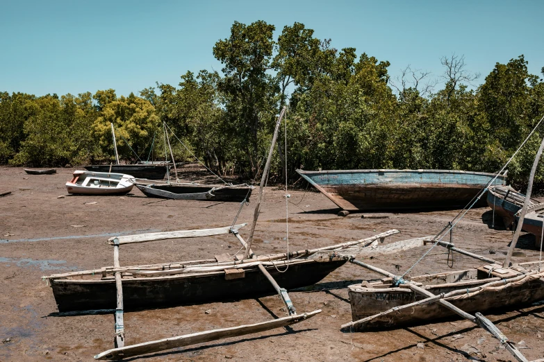 the old boats are still attached to the rope and are out in the sand