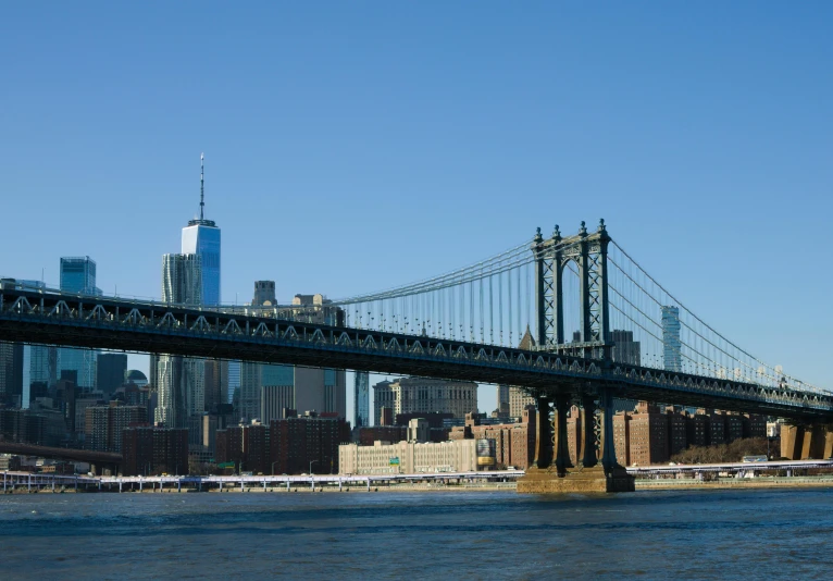 a view of the city skyline of a big bridge