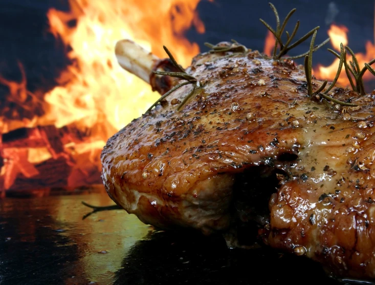 a piece of meat on a grill with flames in the background, by Joe Bowler, pixabay, realism, lamb and goat fused as one, glazed, recipe, stock photo