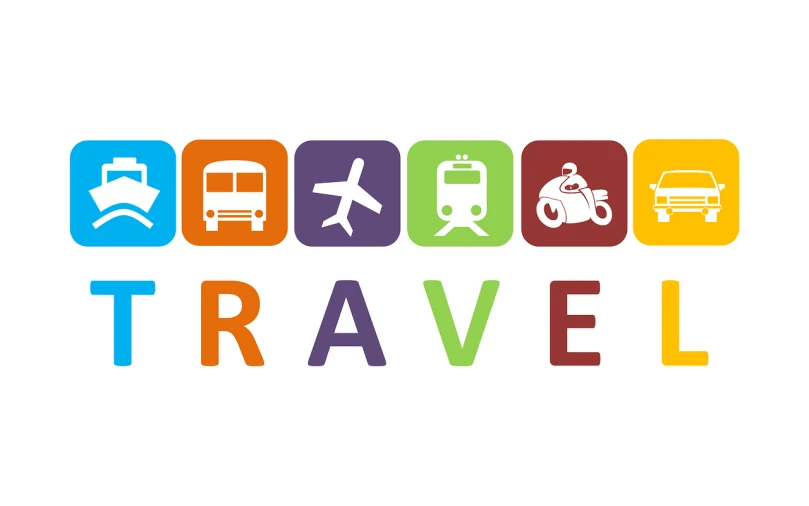 a picture of a sign that says travel, by Elias Ravanetti, trending on pixabay, multicolored vector art, vehicles, clean white background, 3840x2160