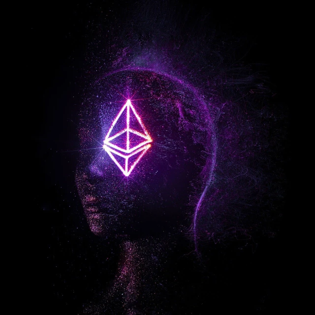 a close up of a person's head with a neon ether ether ether ether ether ether ether ether ether ether ether ether ether ether ether ether, shutterstock, 2 d low polygon art, digital asset, dark enlightenment, ethereum!!!! logo