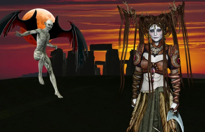 a couple of women standing next to each other, digital art, inspired by Xul Solar, deviantart contest winner, ancient demon summoning, heroes of might and magic 3, photomontage, nosferatu princess