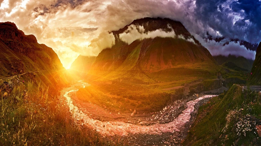 a river running through a lush green valley, by Muggur, shutterstock contest winner, dramatic storm sunset, ultrawide lens”, epic red - orange sunlight, panoramic photography
