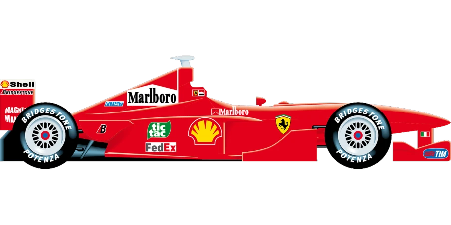 a close up of a racing car on a white background, vector art, inspired by Bernardo Cavallino, shutterstock, ferrari logo on it's chest, from 2001, shell, side-view