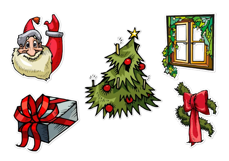 a collection of christmas stickers on a black background, concept art, by Stefan Gierowski, shutterstock, naive art, tileset asset store, rotoscope, cartoon image, near a window window