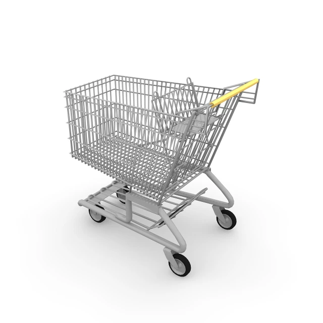 a silver shopping cart on a white background, a digital rendering, by Konrad Krzyżanowski, high res photo, iray, helpful, flash photo