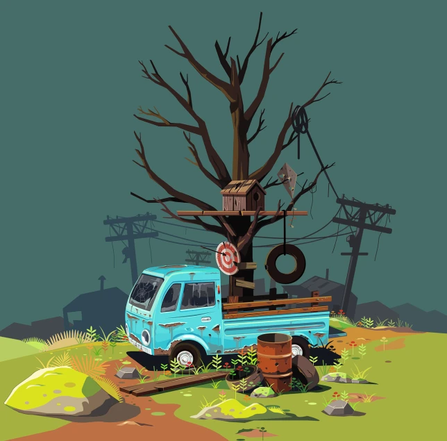 a blue truck parked next to a tree, trending on polycount, conceptual art, mixed media style illustration, junk everywhere, cartoon style illustration, in style of kar wai wong