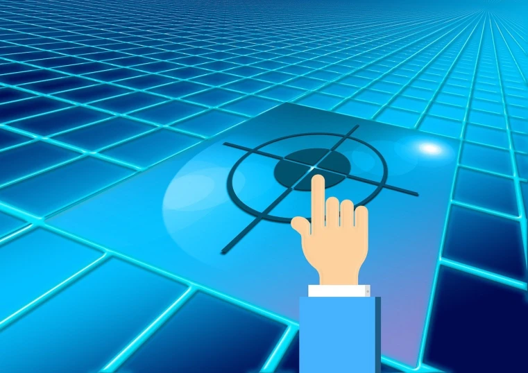 a hand pointing at a target in front of a grid, a computer rendering, digital art, 3 d icon for mobile game, transparent glass surfaces, sharp focus illustration, blue print