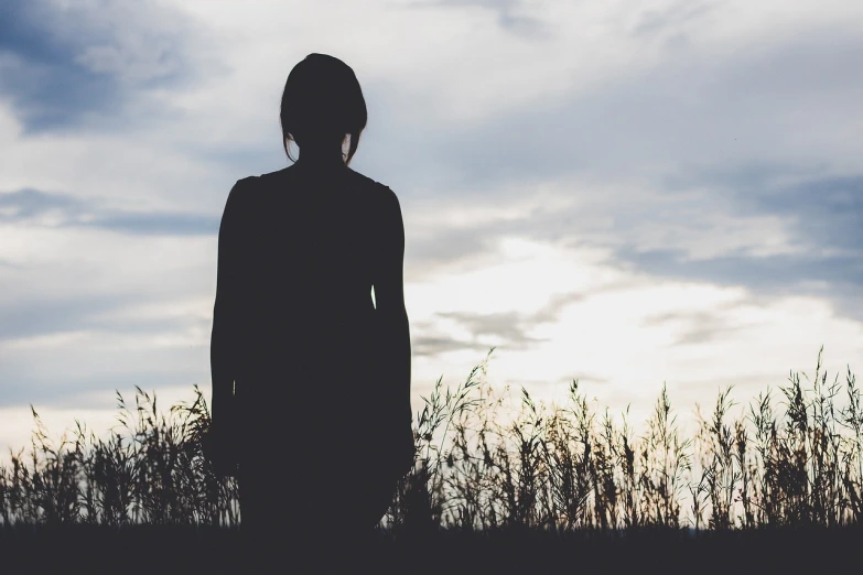 a silhouette of a person standing in a field, by Caro Niederer, what depression looks like, focus on full - body, woman, sombre