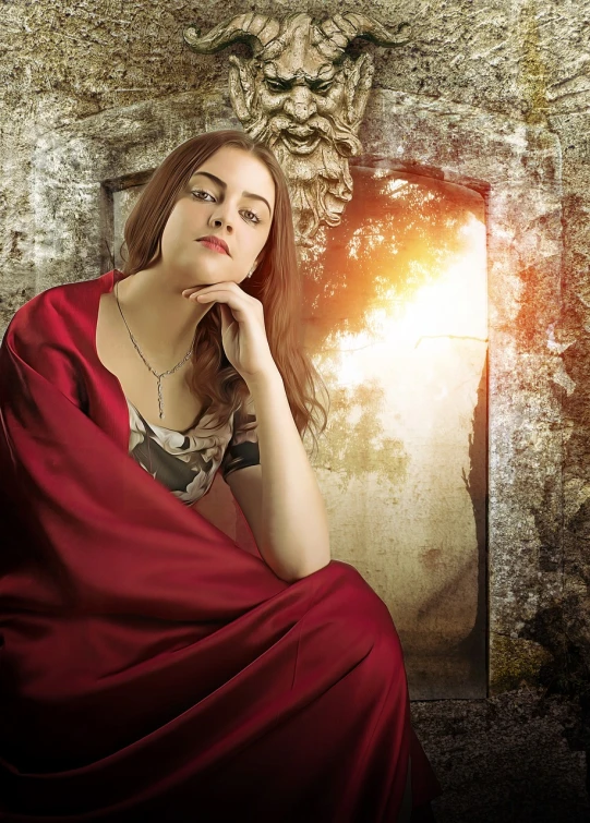 a woman in a red dress sitting in front of a stone wall, a portrait, inspired by Artemisia Gentileschi, trending on pixabay, romanticism, wearing a luxurious silk cloak, photorealistic digital art, in an ancient vault, looking outside