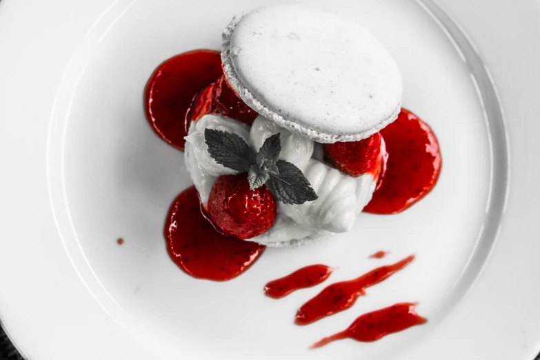 a dessert sitting on top of a white plate, inspired by François Bocion, tumblr, romanticism, white red, monochrome, macaron, jean - baptiste belin