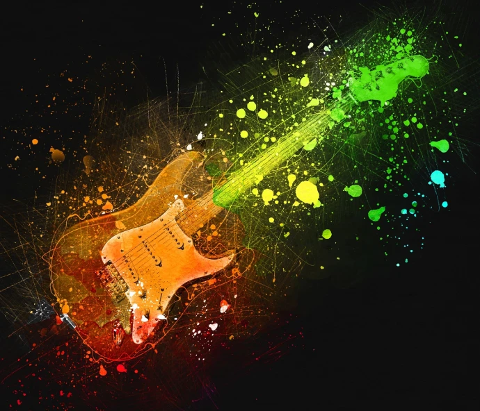 a close up of a guitar with paint splatters on it, trending on pixabay, digital art, glowing rich colors, profile pic, heavy rock concert, computer generated