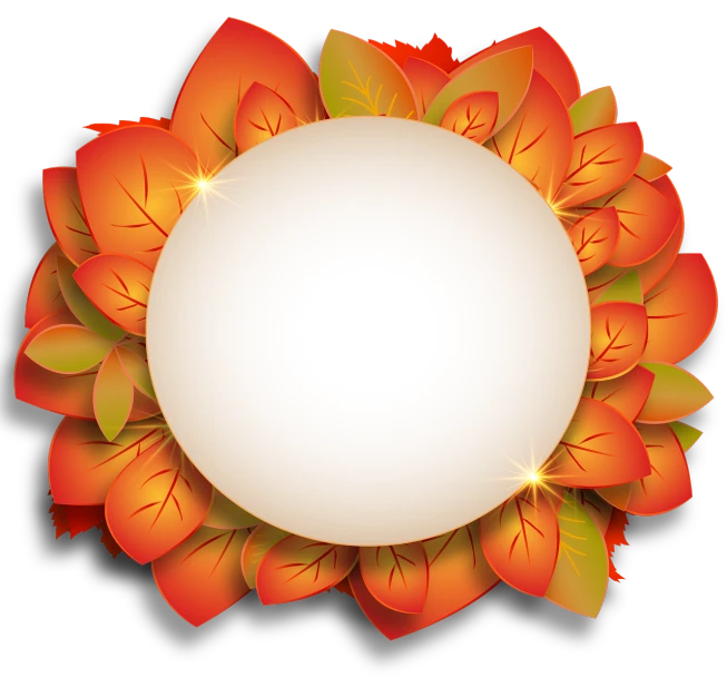 a circle with leaves surrounding it on a white background, an illustration of, by Sun Long, flickr, with gradients, red orange and yellow leaves, ray lighting from top of frame, sticker illustration