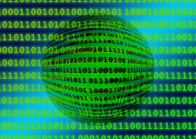 a sphere of binary code on a blue background, by Alison Watt, pixabay, computer art, green skin with scales, stock photo, in front of the internet, numerical