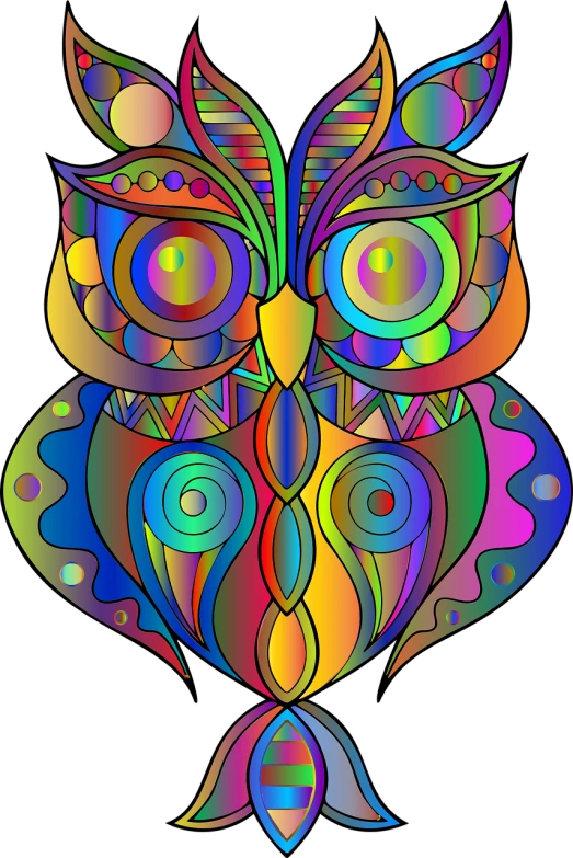 a colorful owl sitting on top of a black background, vector art, psychedelic art, rainbow line - art, spiritual abstract forms, colorful glass art, illustration black outlining