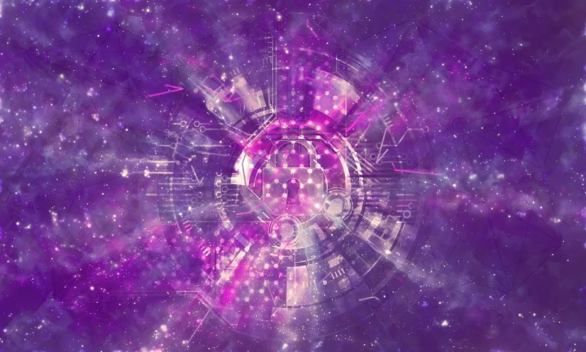a purple space filled with lots of stars, digital art, esoteric equation heaven, magical portal gateway, zodiac libra sign, background cyberpunk spaceship