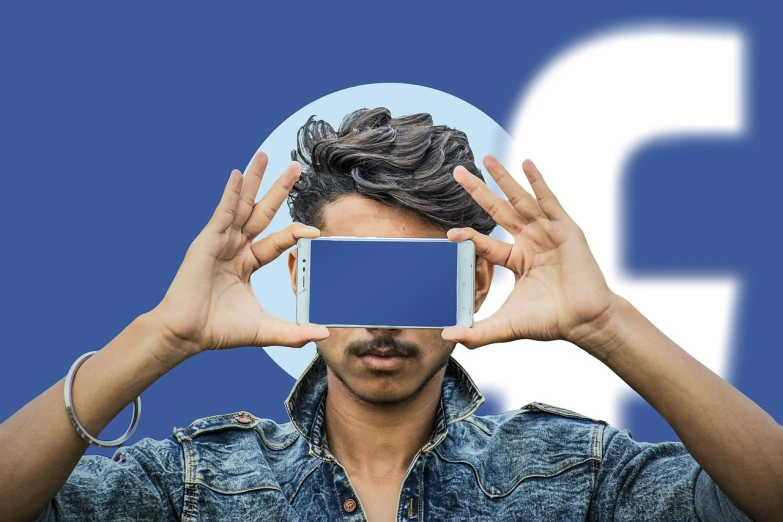 a man holding a cell phone up to his face, a picture, shutterstock, digital art, facebook profile picture, salvia droid, stylized photo, facebook post