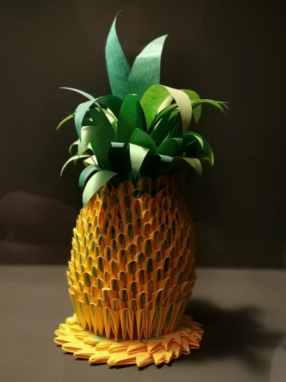 a close up of a pineapple on a table, a low poly render, by Tom Wänerstrand, new sculpture, paper quilling, 2018, beautifully lit, front-view