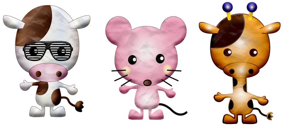 a group of three inflatable animals standing next to each other, a raytraced image, deviantart, beautiful mouse - girl, cooky, with a black background, ((oversaturated))