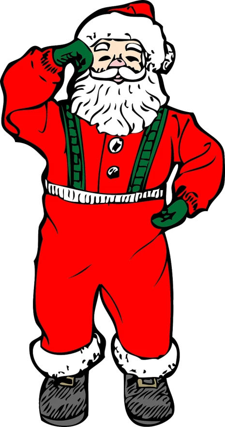 a cartoon santa claus talking on a cell phone, a digital rendering, by Stan and Jan Berenstain, reddit, sōsaku hanga, red and black costume!!!, overalls, on black background, red green white black