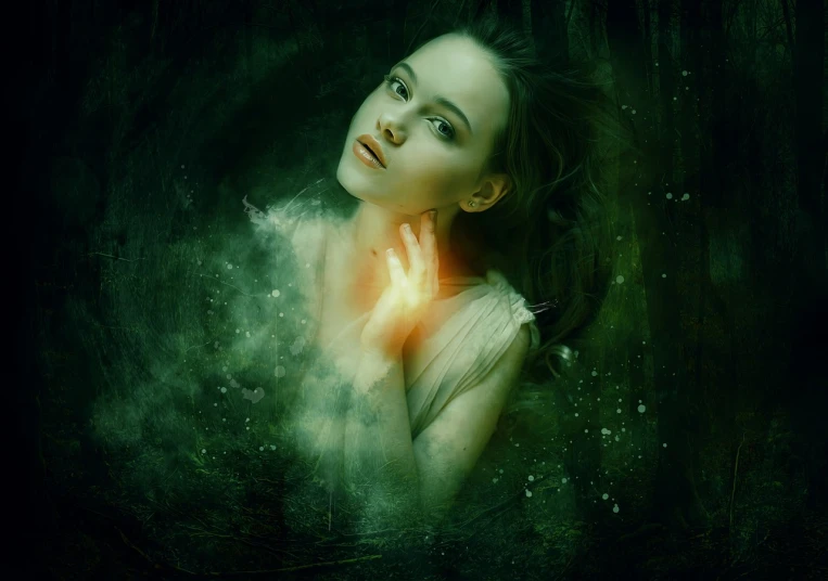 a woman that is standing in the water, digital art, inspired by Bastien L. Deharme, shutterstock, photography of enchanted forest, portrait of magical young girl, in green forest, high quality fantasy stock photo