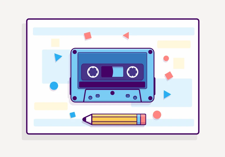 a cassette with a pencil in front of it, vector art, computer art, flat color and line, elements in a composition, trend on behance illustration, blue and violet color scheme