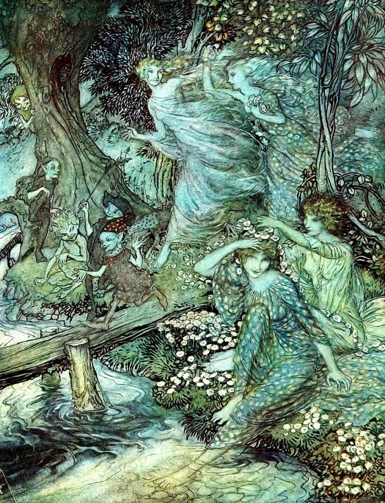 a painting of a group of people in a forest, an ultrafine detailed painting, by Arthur Rackham, pinterest, art nouveau, closeup fantasy with water magic, pascal blanche, daisy, flirting