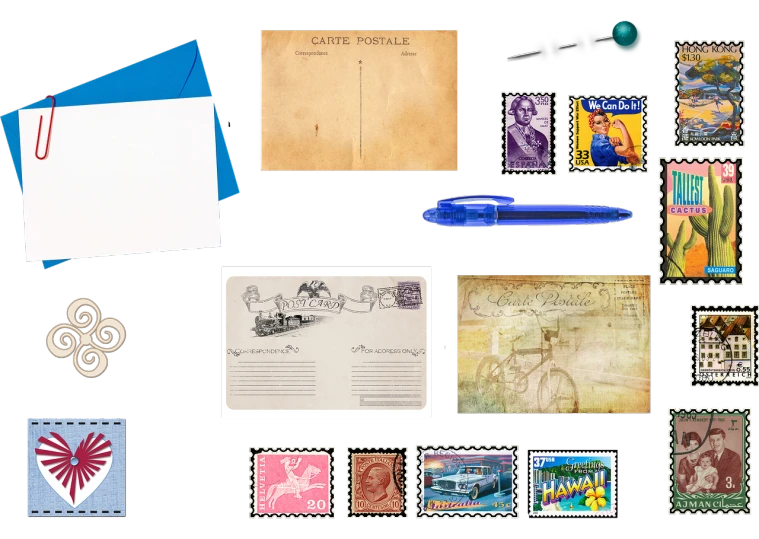 a bunch of stamps sitting on top of a table, a screenshot, trending on pixabay, mail art, a mid-century modern collage, on black background, blue, product introduction photo