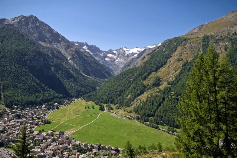 a view of a valley with mountains in the background, a photo, by Werner Andermatt, in the foreground a small town, bright summer day, modern high sharpness photo