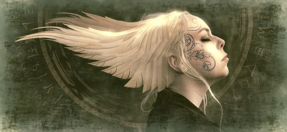 a woman with a tattoo on her face, inspired by Karol Bak, fantasy art, wispy gigantic wings, white haired, guweiz, profile pic