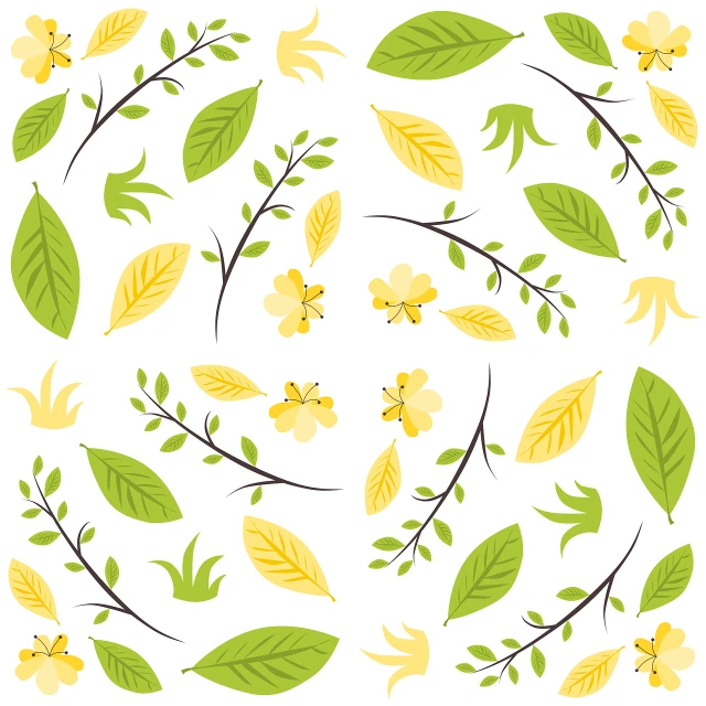 a circle of leaves and flowers on a white background, inspired by Fernando Gerassi, yelow, flat 2 d design, jasmine, various posed