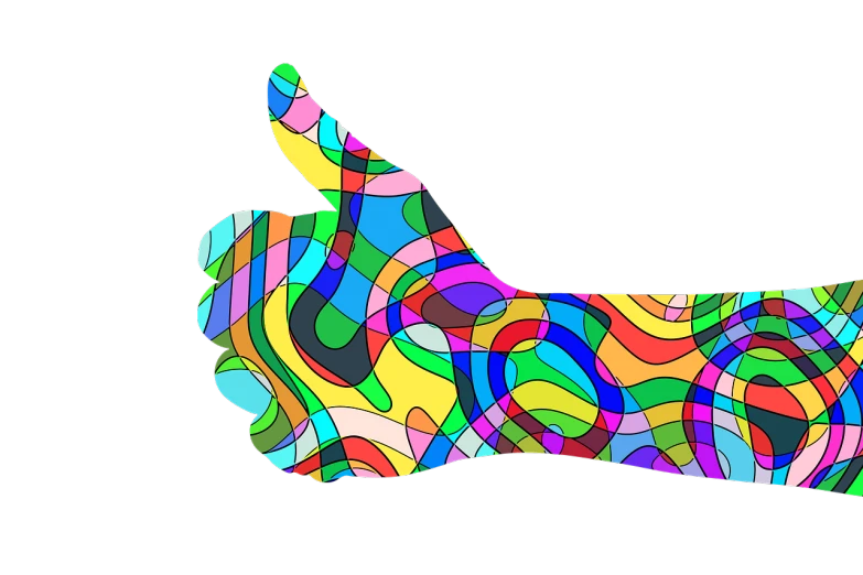 a close up of a person's hand making a thumbs up sign, vector art, inspired by Howard Arkley, synchromism, colorful mosaic, swirly vibrant color lines, stunning design, colored projections