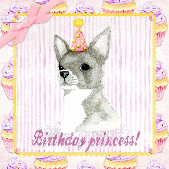 a drawing of a dog wearing a party hat, a pastel, beautiful female princess, vignette illustration, chihuahua, birthday cake