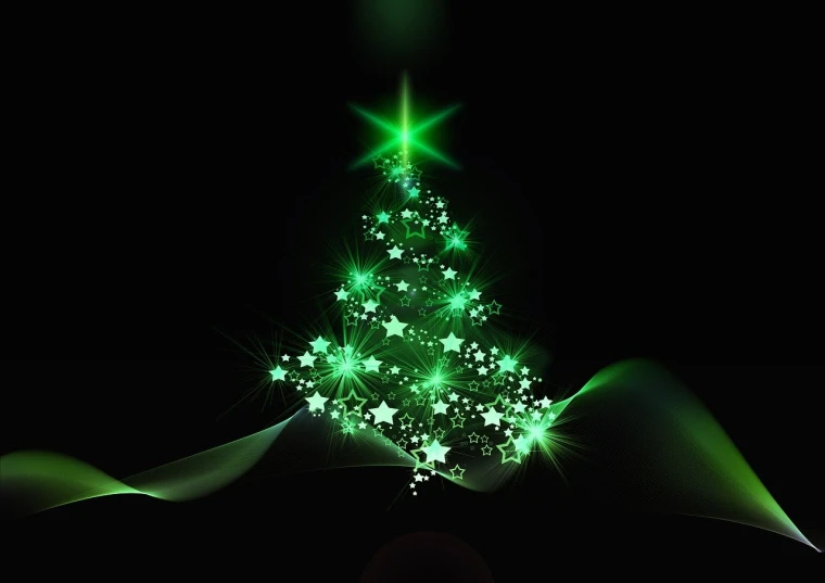 a green christmas tree on a black background, a digital rendering, stars glittering in background, iphone photo, high res photo