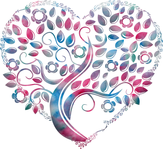 a painting of a tree in the shape of a heart, a digital rendering, inspired by Milton Glaser, trending on pixabay, art nouveau, pink and blue, with a black background, tie-dye, 3 d ornate carved water heart