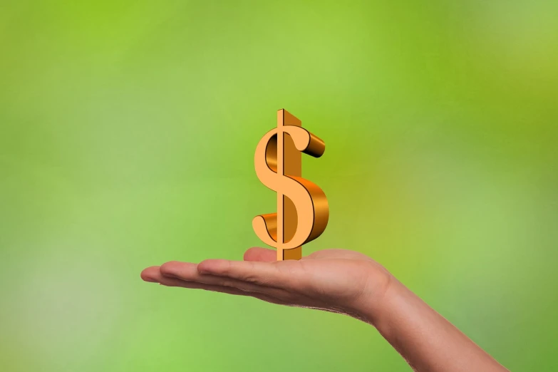 a person holding a wooden dollar sign in their hand, a stock photo, photorealism, green gold, high detail product photo