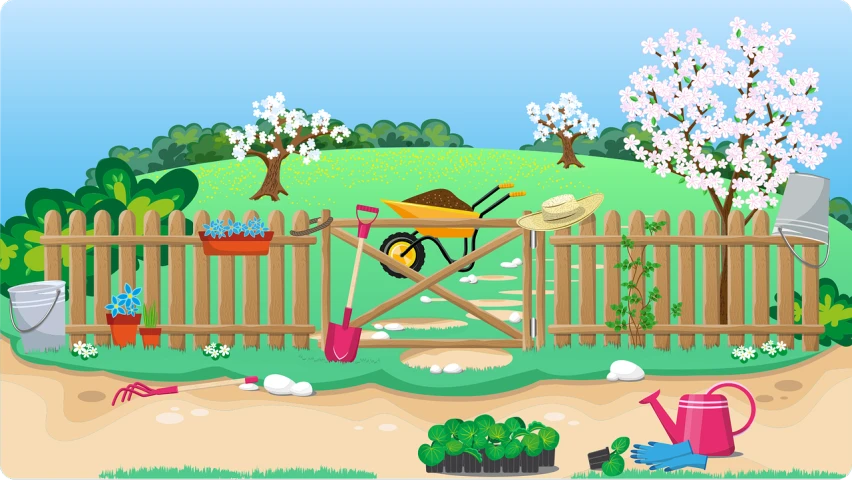 a garden with a wheelbarrow and gardening tools, an illustration of, naive art, find the hidden object, wooden fence, digital screenshot, spring time