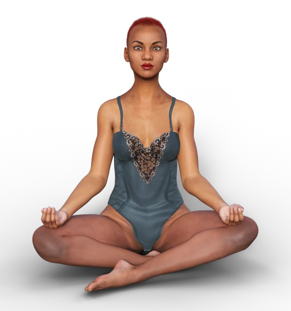 a woman sitting in the middle of a yoga pose, a 3D render, inspired by Daphne Allen, light skinned african young girl, daz, trinity from the matrix, pose 1 of 1 6