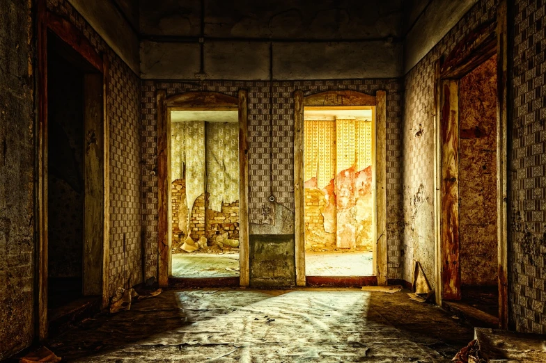 a couple of doors that are open in a room, a portrait, by Sebastian Spreng, shutterstock, realism, ruined town, golden glow, cinematic composition hdr, in plastic