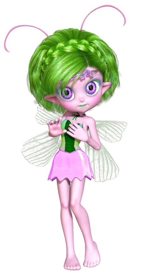 a cartoon fairy with green hair and green wings, a raytraced image, inspired by Alison Kinnaird, trending on deviantart, beautiful pink little alien girl, fbx, betty boop, with glowing purple eyes