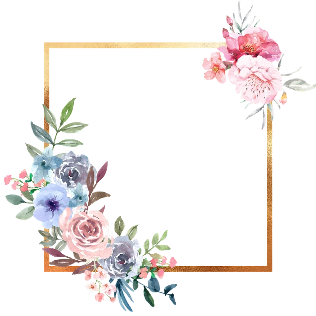 a floral frame on a black background, pastel blues and pinks, flowers and gold, squared border, simple water color