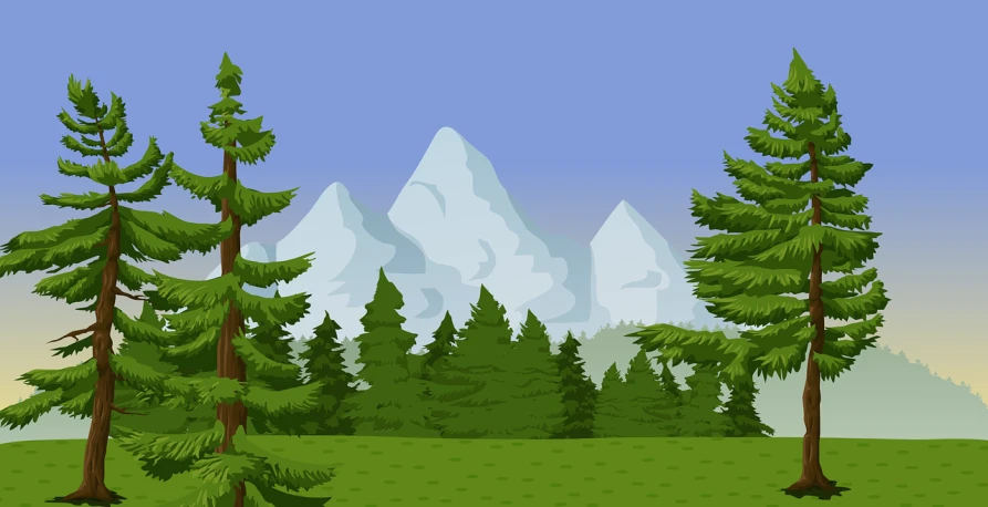 a group of trees in a field with a mountain in the background, an illustration of, 4 k hd wallpaper illustration, cartoon style illustration, pines symbol in the corners, glacier landscape