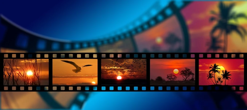 a film strip with pictures of sunsets and palm trees, pixabay, video art, cctv footage of a movie set, a master piece of storytelling, film camera, cinematic blue and gold