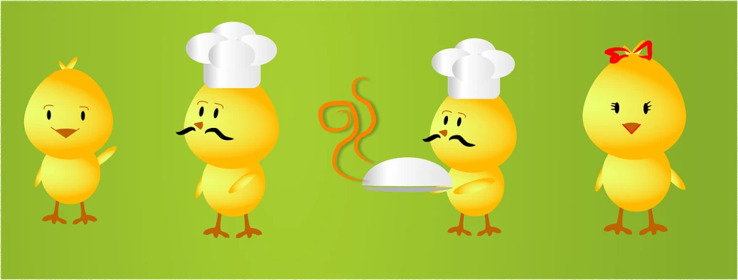 a group of cartoon chickens standing next to each other, inspired by Heinz Anger, trending on pixabay, conceptual art, as chefs inside cthulhu, on a plate, istockphoto, chef hat