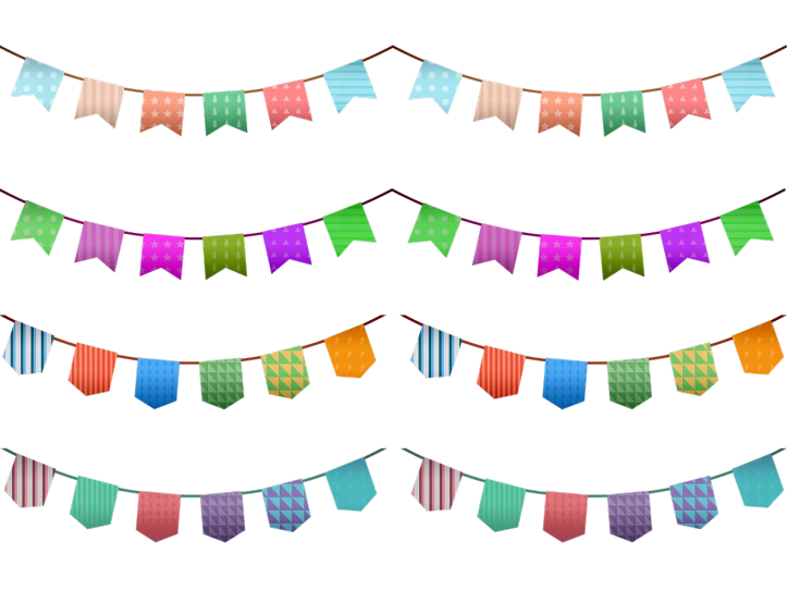 a set of colorful bunting flags against a black background, a digital rendering, polycount, sōsaku hanga, the sims 4 texture, colorful image