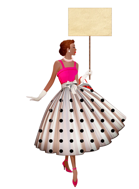 a woman in a polka dot dress holding a sign, a digital rendering, trending on pixabay, high fashion haute couture, color vintage, black young woman, white and pink cloth