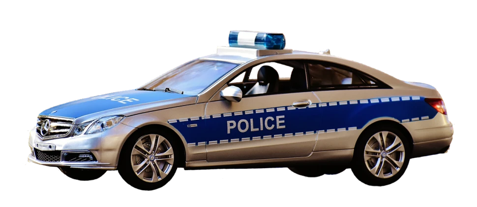 a silver and blue police car on a black background, by Hans Schwarz, pixabay, photorealism, banner, stock photo, ceramic, german