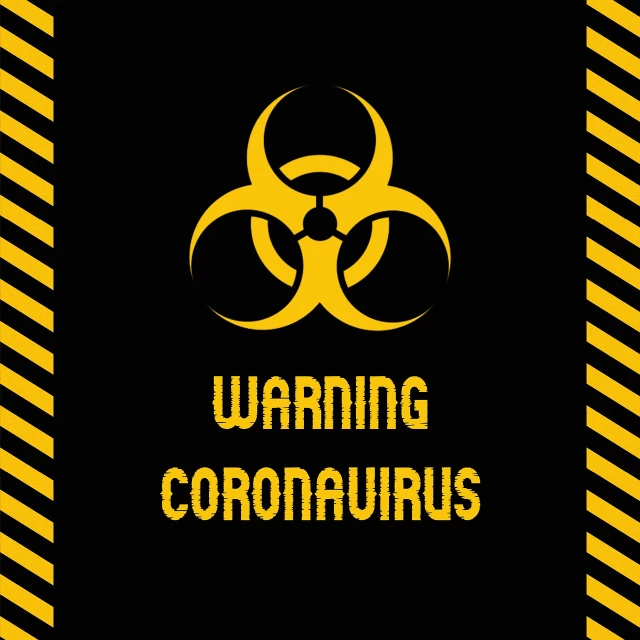 a black and yellow warning sign with the words coronavirus, an illustration of, shutterstock, conceptual art, on a flat color black background, biohazard, worksafe. illustration